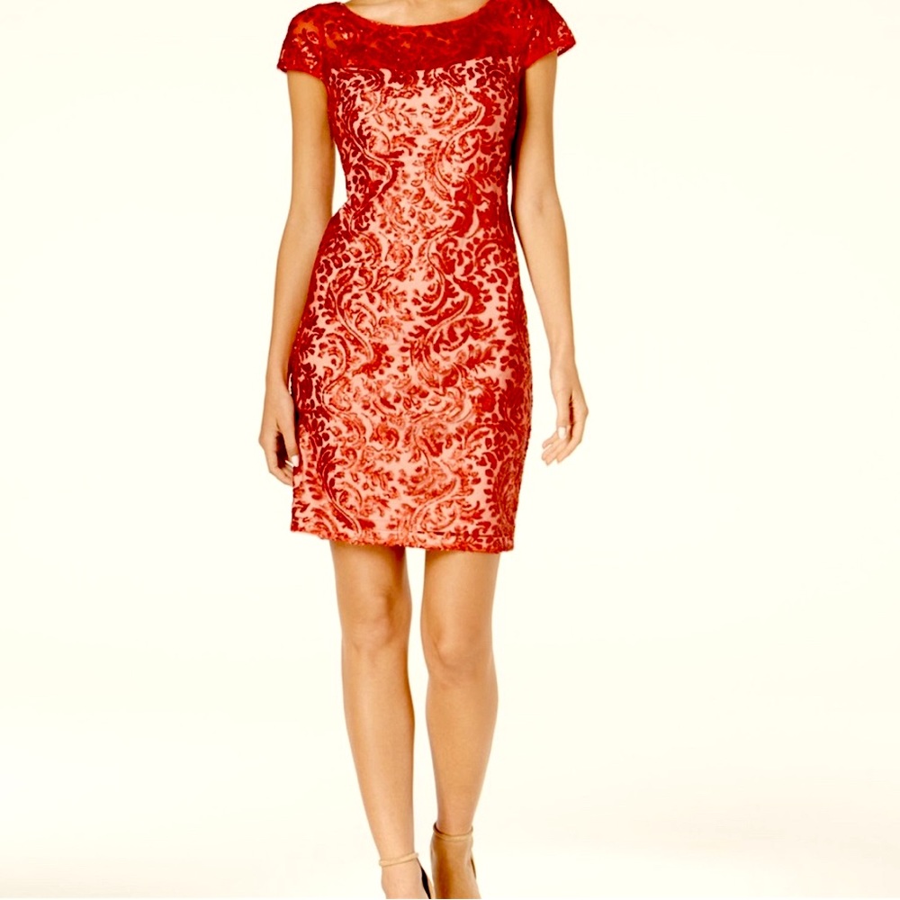 CALVIN KLEIN red sequined knee length dress sheet neckline nude lining size 8